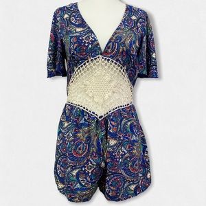 Flowy Crochet V Neck Romper Blue Paisley S